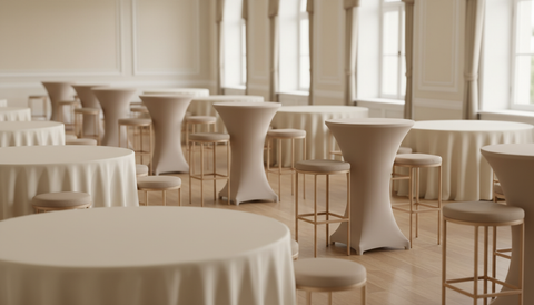 Eventmöbel mit aufeinander abgestimmten Hussen und Tischdecken