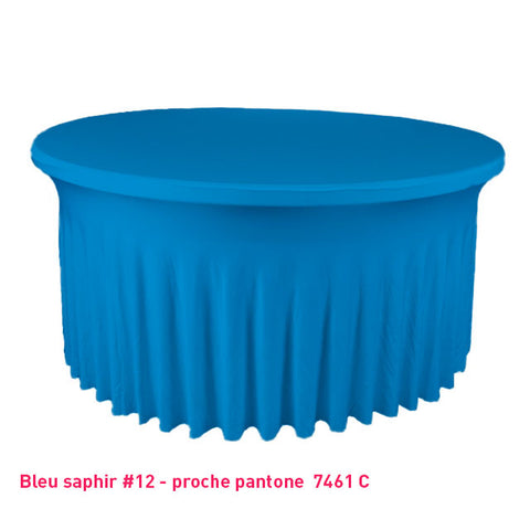 Housse de table ronde avec juponnage bleu saphyr